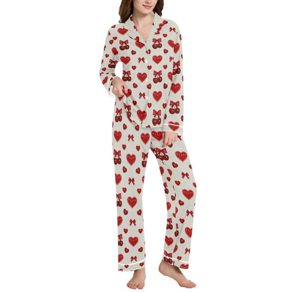 joogoo Pajamas Set for Women Hearts Cherry Long Sleeve Pjs Loungewear L