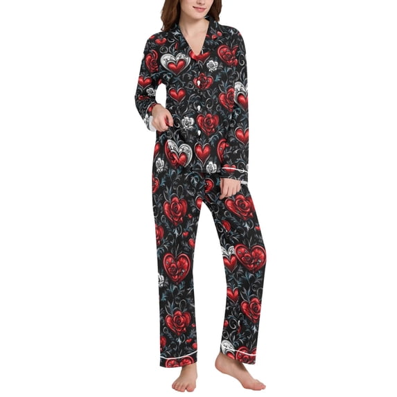 joogoo Pajamas Set for Women Hearts Roses Flower Long Sleeve Pjs Loungewear M