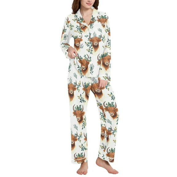 joogoo Pajamas Set for Women Highland Cattle Leaves-h1 Long Sleeve Pjs Loungewear M