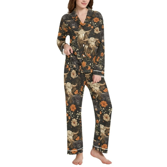joogoo Pajamas Set for Women Highland Cows Flower Long Sleeve Pjs Loungewear L