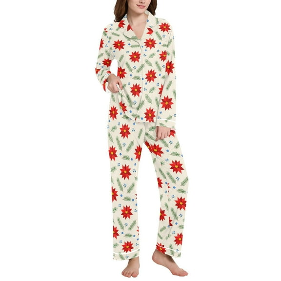 joogoo Pajamas Set for Women Holly Flowers Long Sleeve Pjs Loungewear L