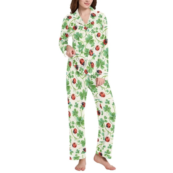 joogoo Pajamas Set for Women Ladybugs Clover Flower Long Sleeve Pjs Loungewear XL
