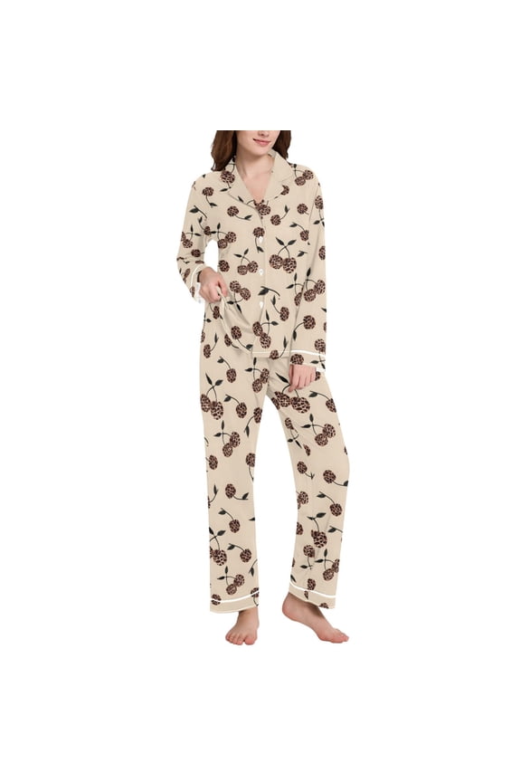 Pajamas Set for Women Leopard Cherry Long Sleeve Pjs Loungewear L