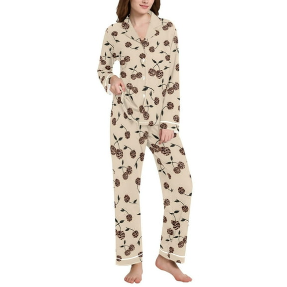 joogoo Pajamas Set for Women Leopard Cherry Long Sleeve Pjs Loungewear XL