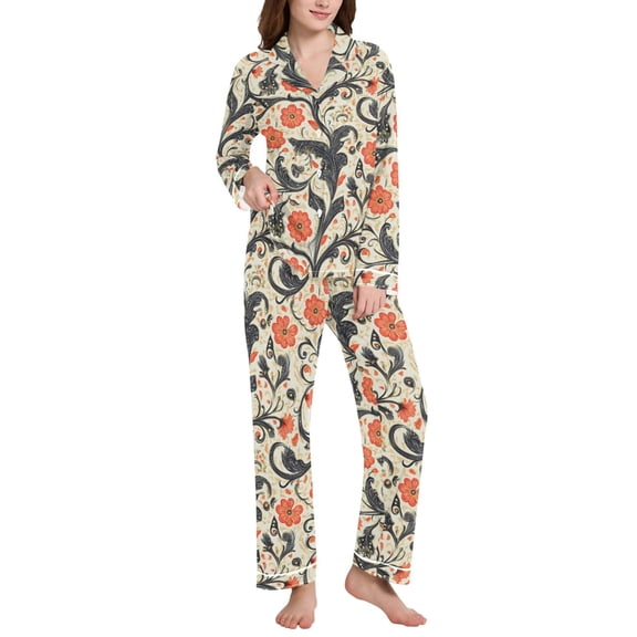 joogoo Pajamas Set for Women Paisley Art Floral Long Sleeve Pjs Loungewear L