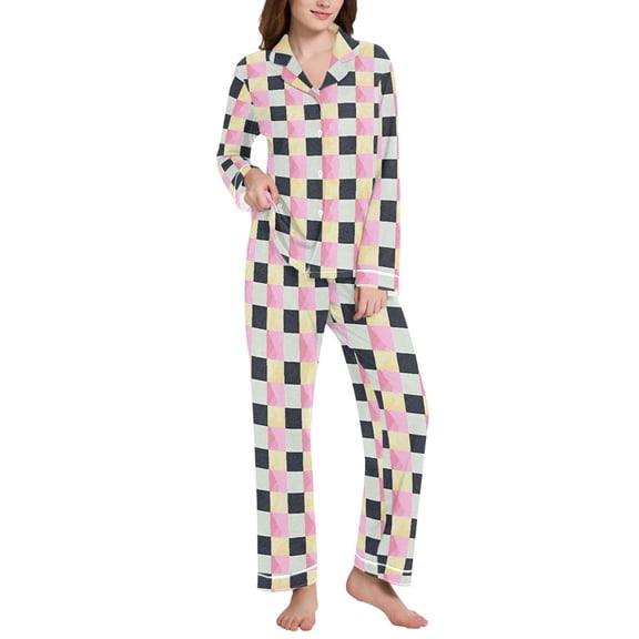 joogoo Pajamas Set for Women Pastel Checkered-a1 Long Sleeve Pjs Loungewear L