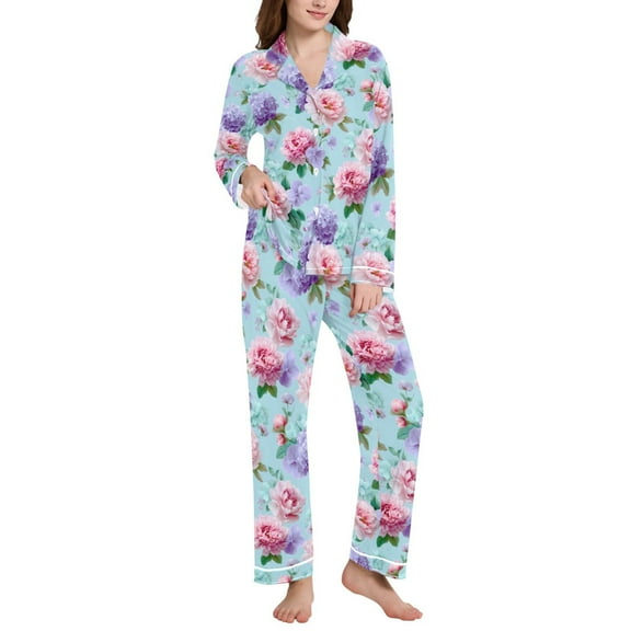 joogoo Pajamas Set for Women Peony Flower Hydrangea Long Sleeve Pjs Loungewear S