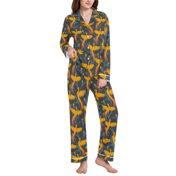joogoo Pajamas Set for Women Phoenix Yellow Pattern Long Sleeve Pjs Loungewear XXL