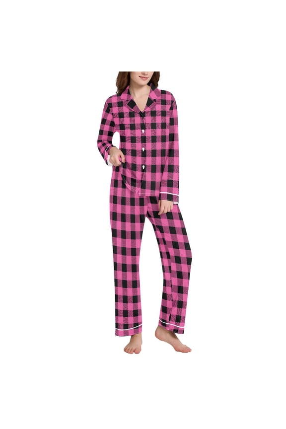 Pajamas Set for Women Pink Checkered Grid Pattern Long Sleeve Pjs Loungewear XXL