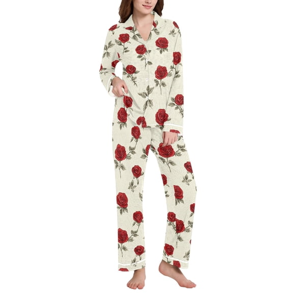 joogoo Pajamas Set for Women Retro Roses Flowers-i6 Long Sleeve Pjs Loungewear S