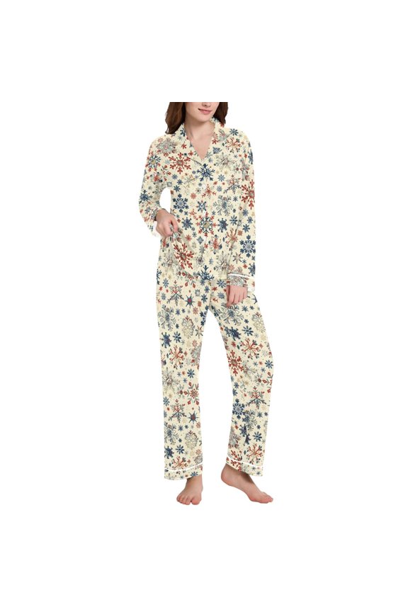Pajamas Set for Women Snowflake Retro Long Sleeve Pjs Loungewear L
