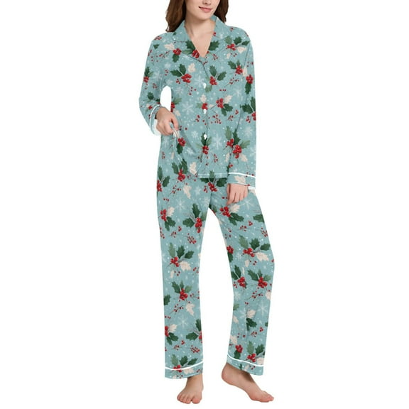 joogoo Pajamas Set for Women Snowflakes Christmas Berry Long Sleeve Pjs Loungewear L