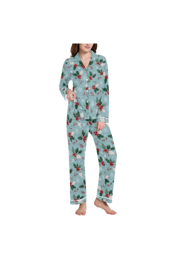Pajamas Set for Women Snowflakes Christmas Berry Long Sleeve Pjs Loungewear L