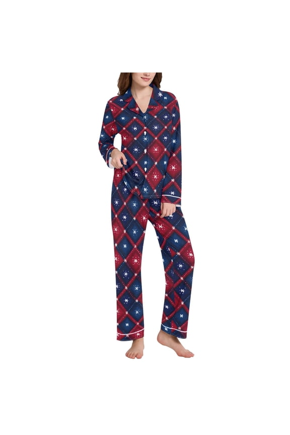 Pajamas Set for Women Snowflakes on Checkered Long Sleeve Pjs Loungewear L