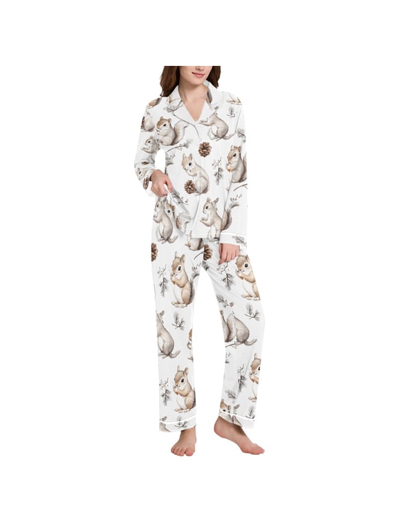 Pajamas Set for Women Squirrels Cute Long Sleeve Pjs Loungewear M