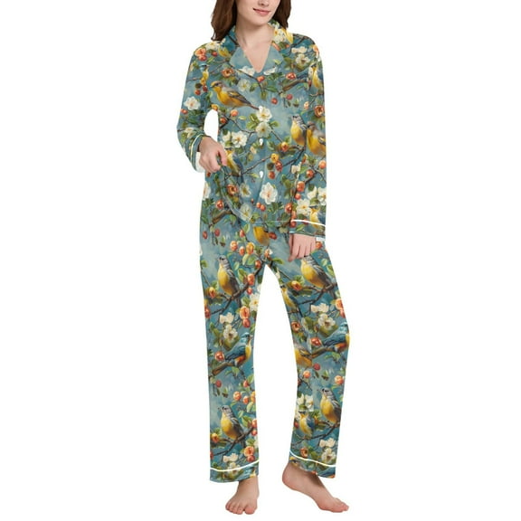 joogoo Pajamas Set for Women Summer Birds Jasmine Flower Long Sleeve Pjs Loungewear L