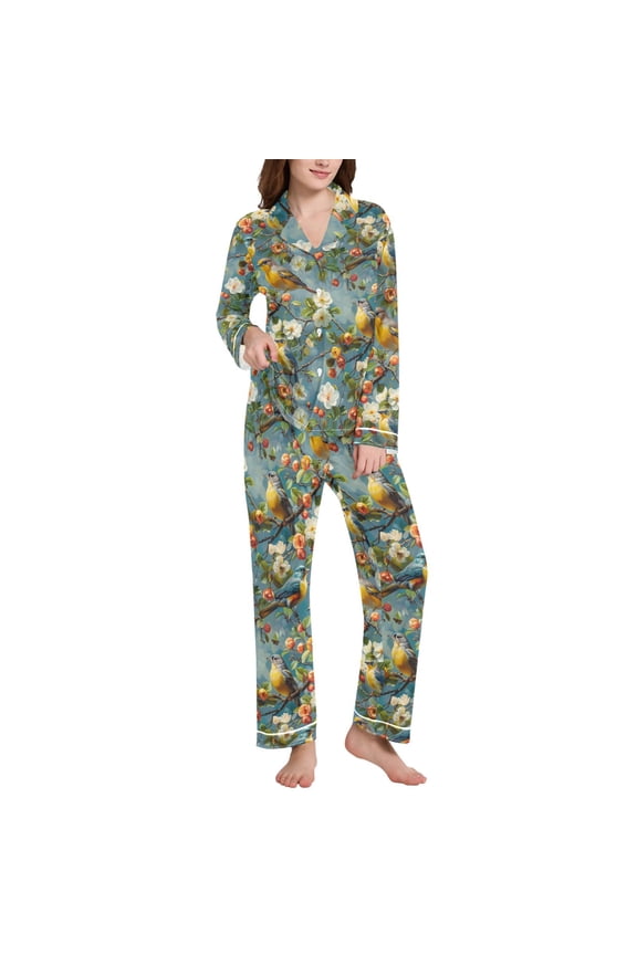 Pajamas Set for Women Summer Birds Jasmine Flower Long Sleeve Pjs Loungewear XL