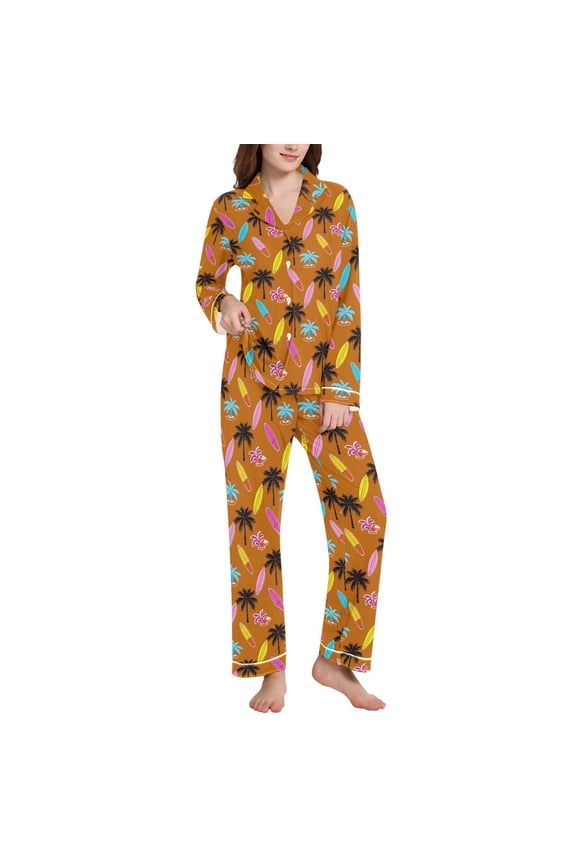 Pajamas Set for Women Surfboard Coconut Tree Long Sleeve Pjs Loungewear XXL