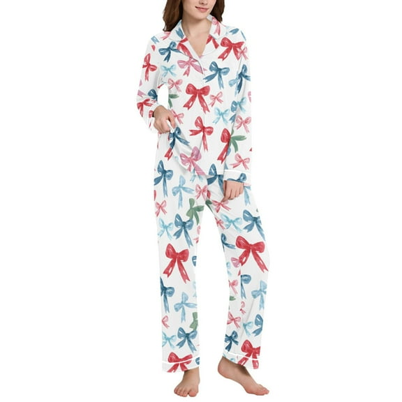 joogoo Pajamas Set for Women Watercolor Bows Long Sleeve Pjs Loungewear L