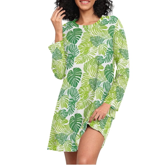 joogoo Palm Leaf-c3 Women's Long Sleeve Nightgown Sleepwear M