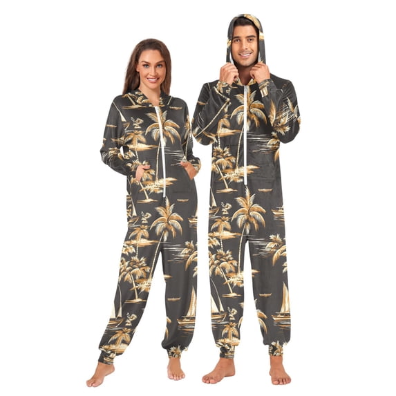 joogoo Palm Retro Tree Boat Unisex Adults Onesies Pajamas Jumpsuits L