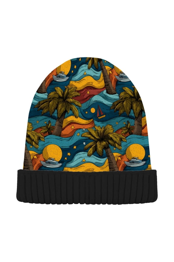 Palm Sailboat Moon Beanie Hats Cuffed Winter Warm Knit Thick Beanies