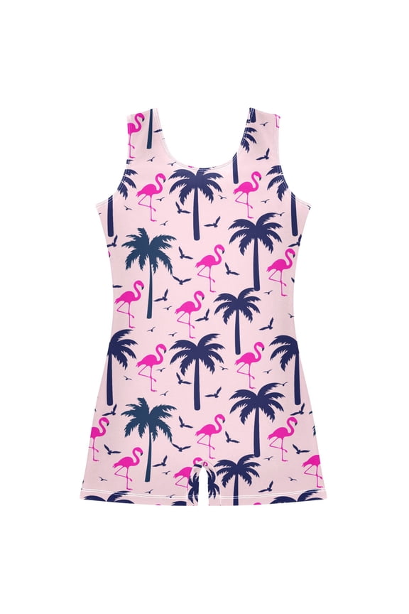 Palm Tree Flamingo Pattern Girls Leotards Gymnastics Tumbling Outfit Biketard Unitard 5-6Years