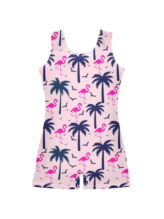 Palm Tree Flamingo Pattern Girls Leotards Gymnastics Tumbling Outfit Biketard Unitard 7-8Years