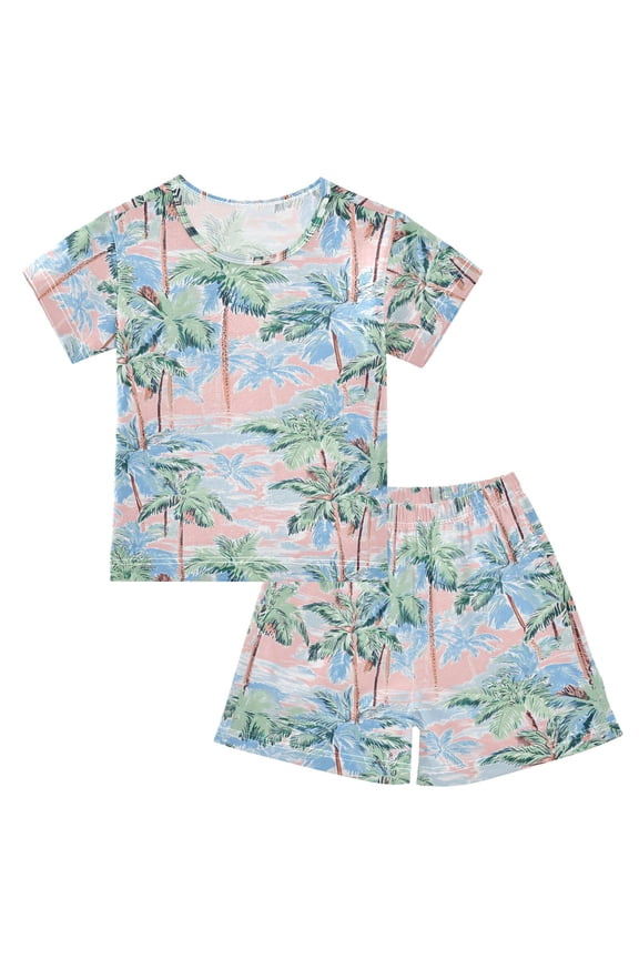 Palm Tree Retro Pattern Pajama Sets Short Sleeve Cotton 2-Piece Sleepwear 14Y