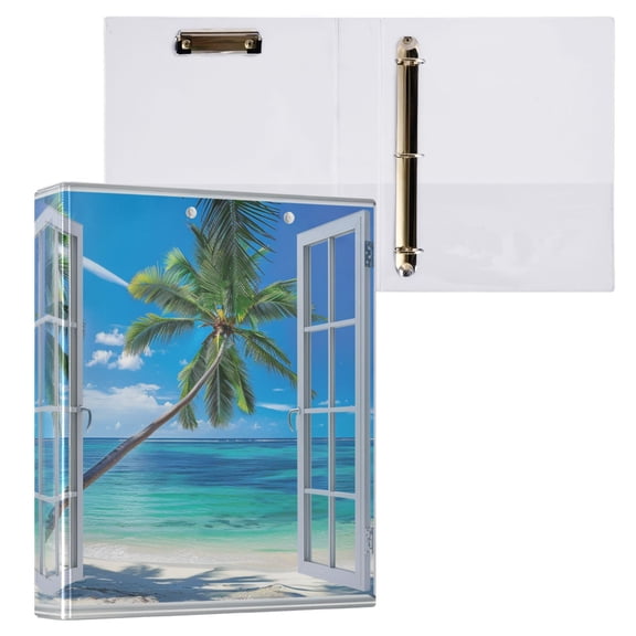 joogoo Palm Tree on Beach Window Hardcover 3 Ring Binder 1.5" Round Rings Interior Pockets Binders Organizer 1 Pack