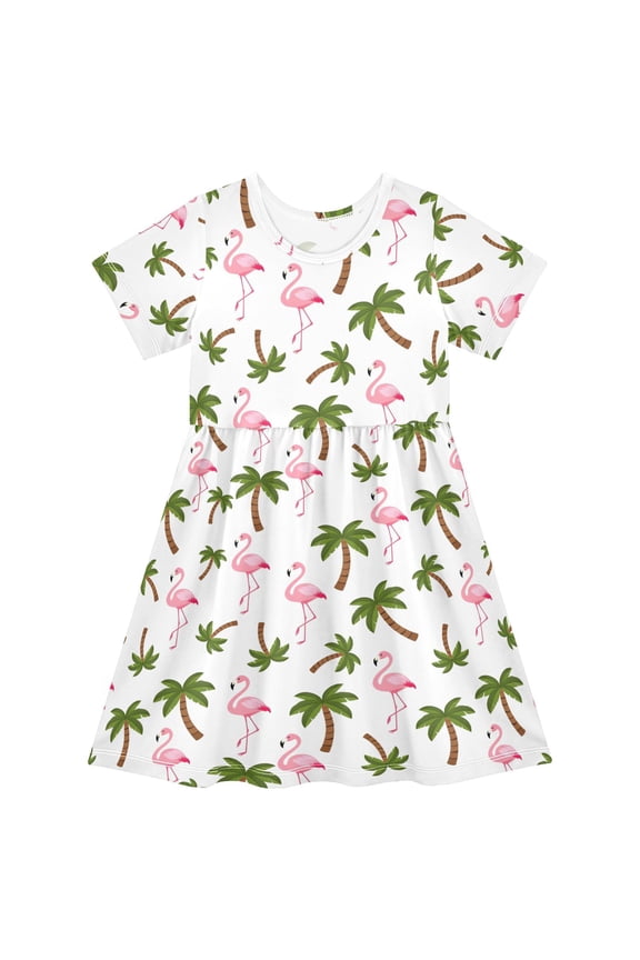 Palm Trees Flamingo Girls' Short Sleeve Dress Kids Dresses 5-6T