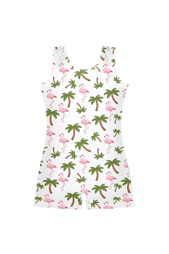 Palm Trees Flamingo Pattern Girls Leotards Gymnastics Tumbling Outfit Biketard Unitard 9-10Years