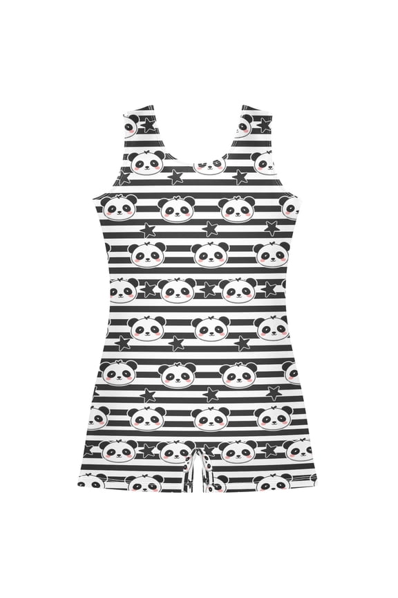 Panda on Stripes Pattern Girls Leotards Gymnastics Tumbling Outfit Biketard Unitard 9-10Years