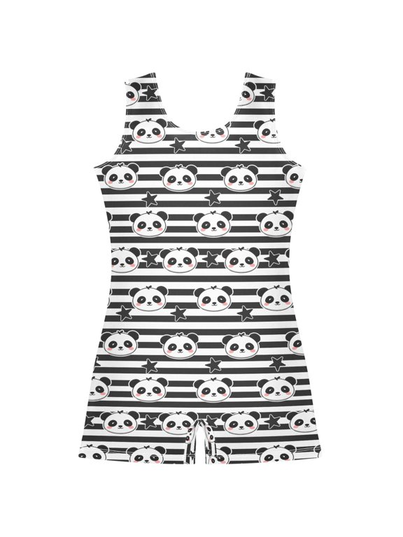 Panda on Stripes Pattern Girls Leotards Gymnastics Tumbling Outfit Biketard Unitard 9-10Years