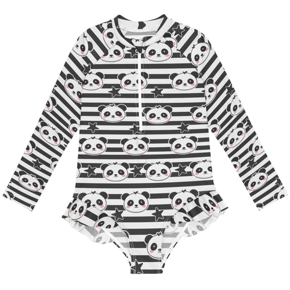 joogoo Panda on Stripes Pattern Girls One-Piece Swimsuits UPF 50+ Long Sleeve Rash Guard Bathing Suit 11-12 Years
