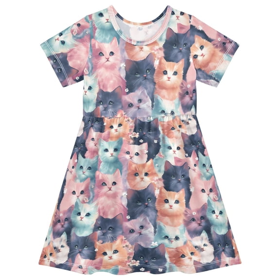 joogoo Pastle Cute Cat Girls' Short Sleeve Dress Kids Dresses 5-6T