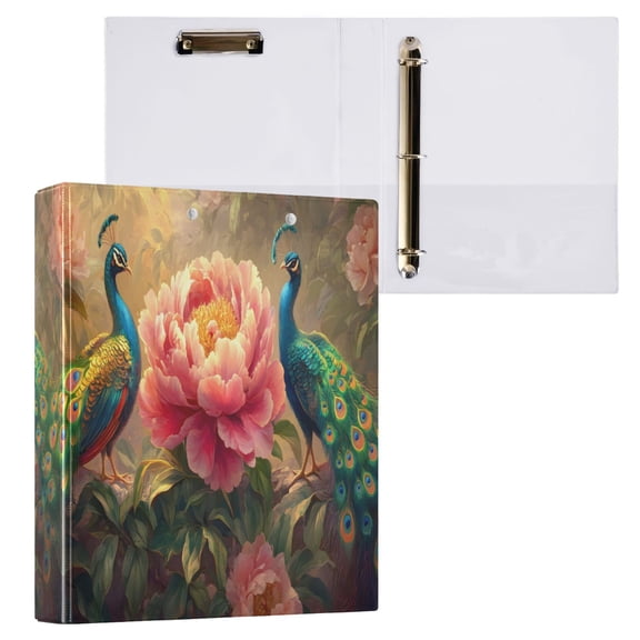 joogoo Peacocks Peony Flower Hardcover 3 Ring Binder 1.5" Round Rings Interior Pockets Binders Organizer 1 Pack