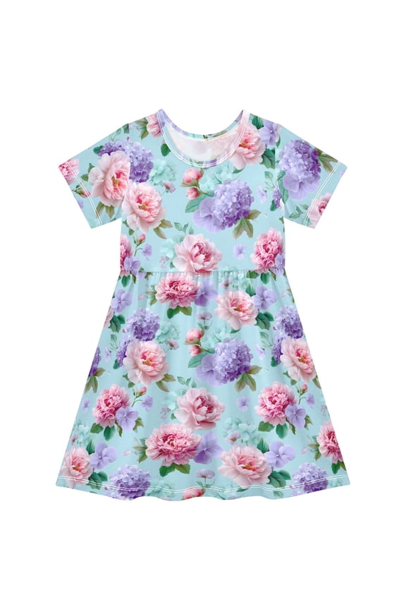 Peony Flower Hydrangea Girls' Short Sleeve Dress Kids Dresses 7-8T