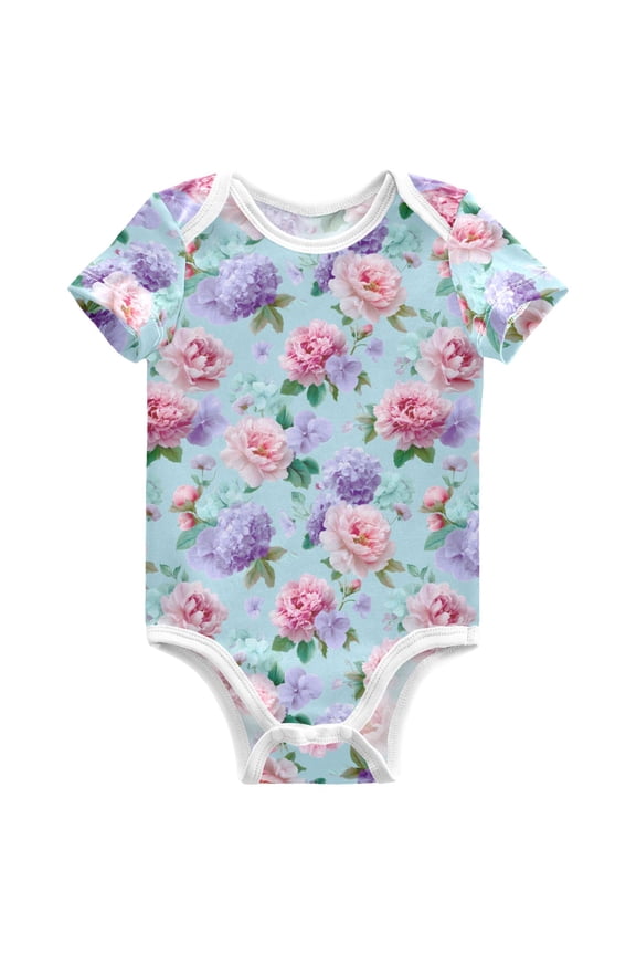 Peony Flower Hydrangea Pattern Baby Bodysuits Short Sleeve Cotton Onesies Clothes 6Months
