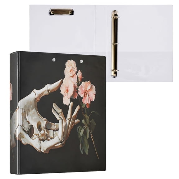 joogoo Peony Flower on Skull Hand Hardcover 3 Ring Binder 1.5" Round Rings Interior Pockets Binders Organizer 1 Pack