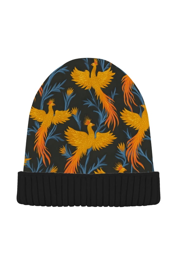 Phoenix Yellow Pattern Beanie Hats Cuffed Winter Warm Knit Thick Beanies