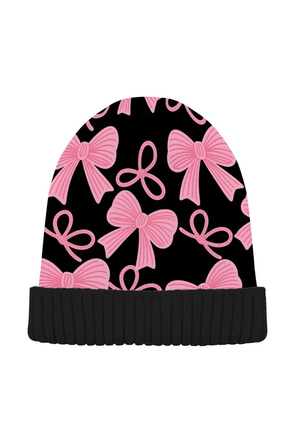 Pink Bows Beanie Hats Cuffed Winter Warm Knit Thick Beanies