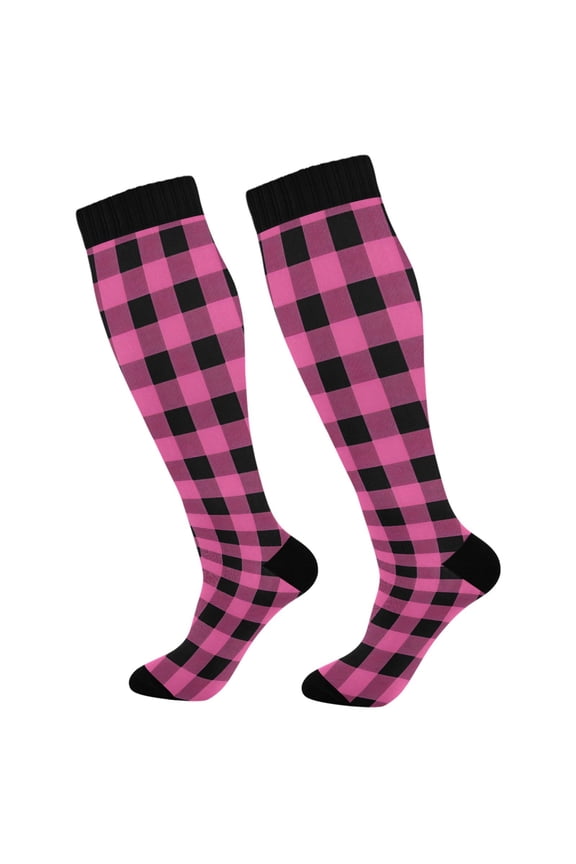Pink Checkered Grid Pattern Socks Women Men Knee High Sock