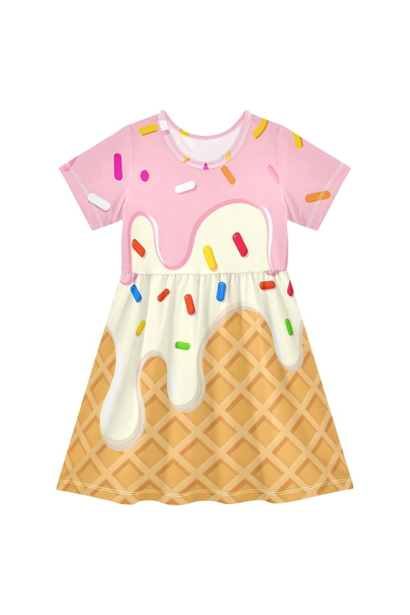 Pink Ice Cream Waffle Girls' Short Sleeve Dress Kids Dresses 5-6T