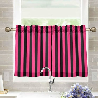 joogoo Pink and Black Stripe Pattern Curtains Sets Half Window Cafe Farmhouse Tier 2 Panels Short Curtain Rod Pocket 27"W x 24"L