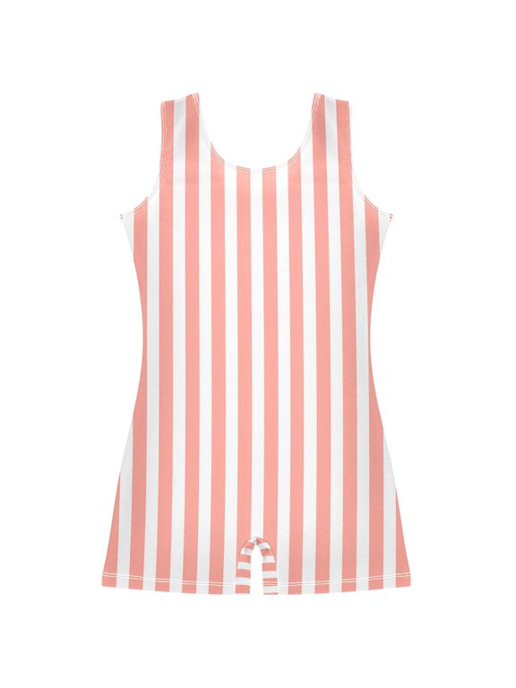 Pink and White Stripes Pattern Girls Leotards Gymnastics Tumbling Outfit Biketard Unitard 9-10Years
