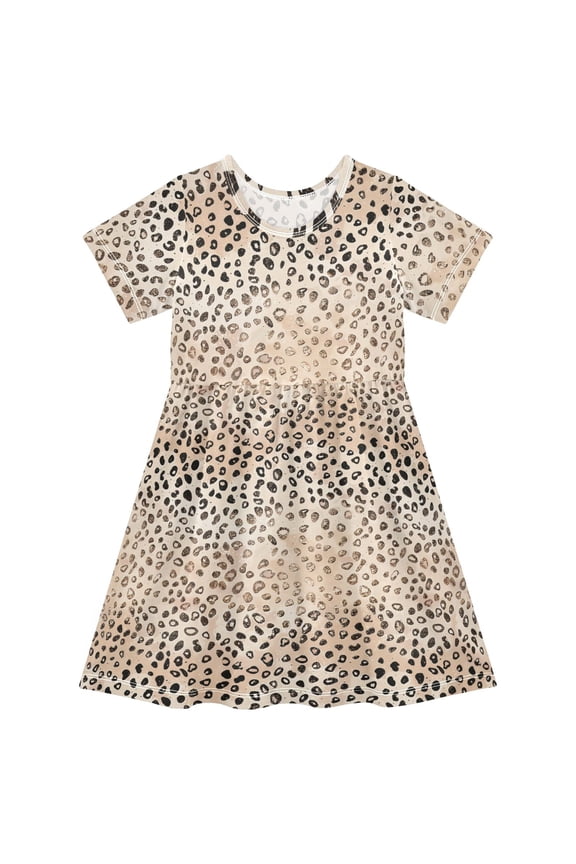 Plain Cheetah Glitter Print Girls' Short Sleeve Dress Kids Dresses 5-6T