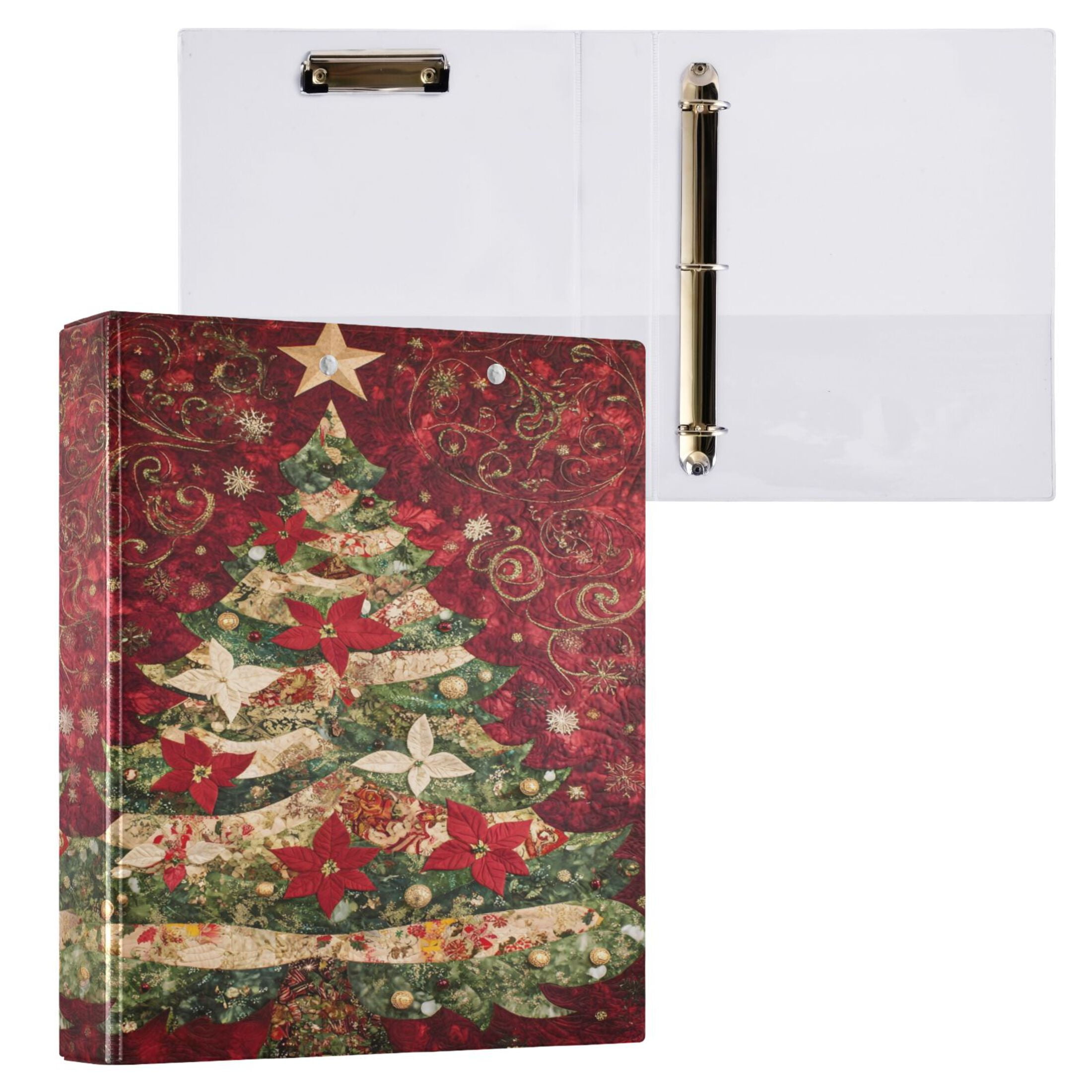 joogoo Poinsettia Flower Christmas Tree Hardcover 3 Ring Binder 1.5" Round Rings Interior Pockets Binders Organizer 1 Pack