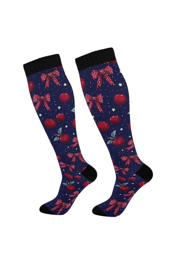 Polka Dots Bows Cherry Socks Women Men Knee High Sock