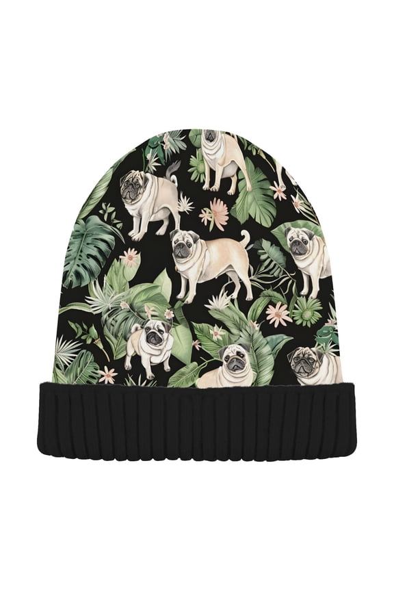 Pugs Dog Palm Leaves Beanie Hats Cuffed Winter Warm Knit Thick Beanies